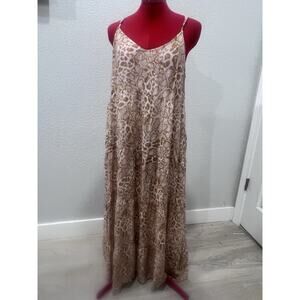 Tiered Maxi Dress Beige Brown Animal Print Sleeveless Casual Summer Beach